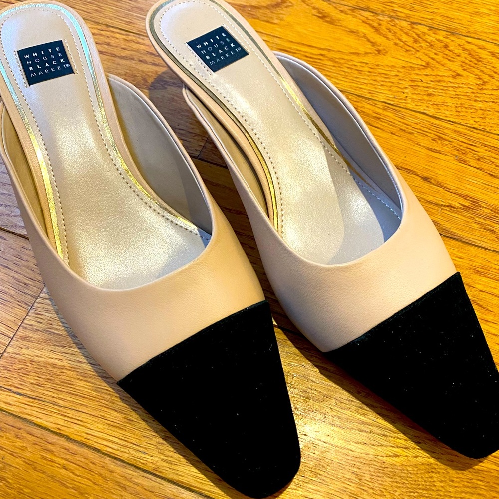 White House Black Market kitten heel two tone mules
